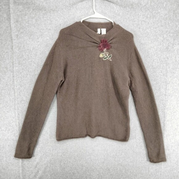 twiggy Pullover Sweater Womens Size L Angora Wool Brown Stretch Flower Applique - Picture 1 of 11